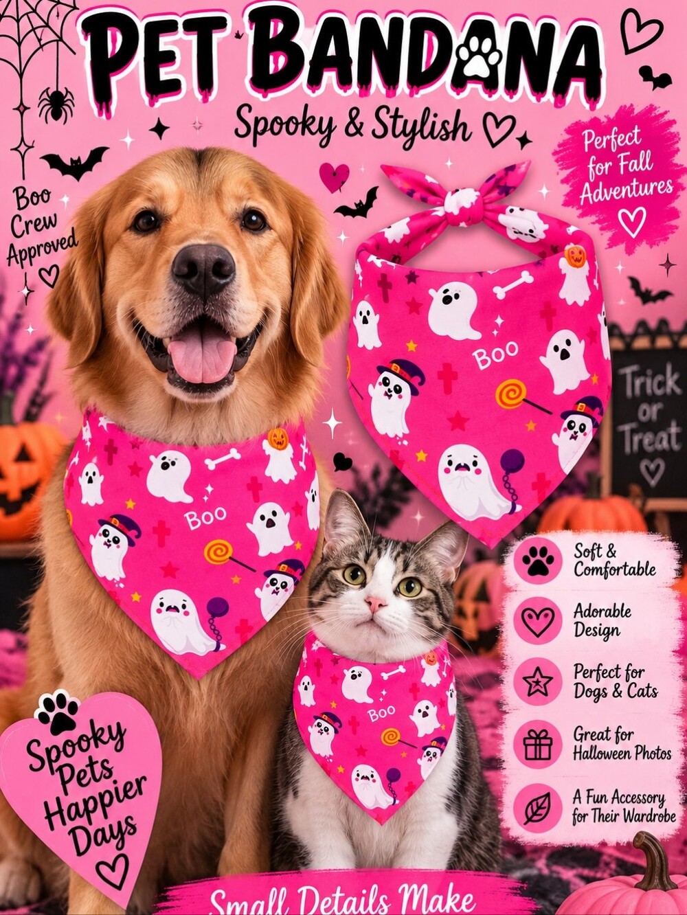Spooky & Stylish Pet Bandana - Pink Ghost Print for Dogs & Cats